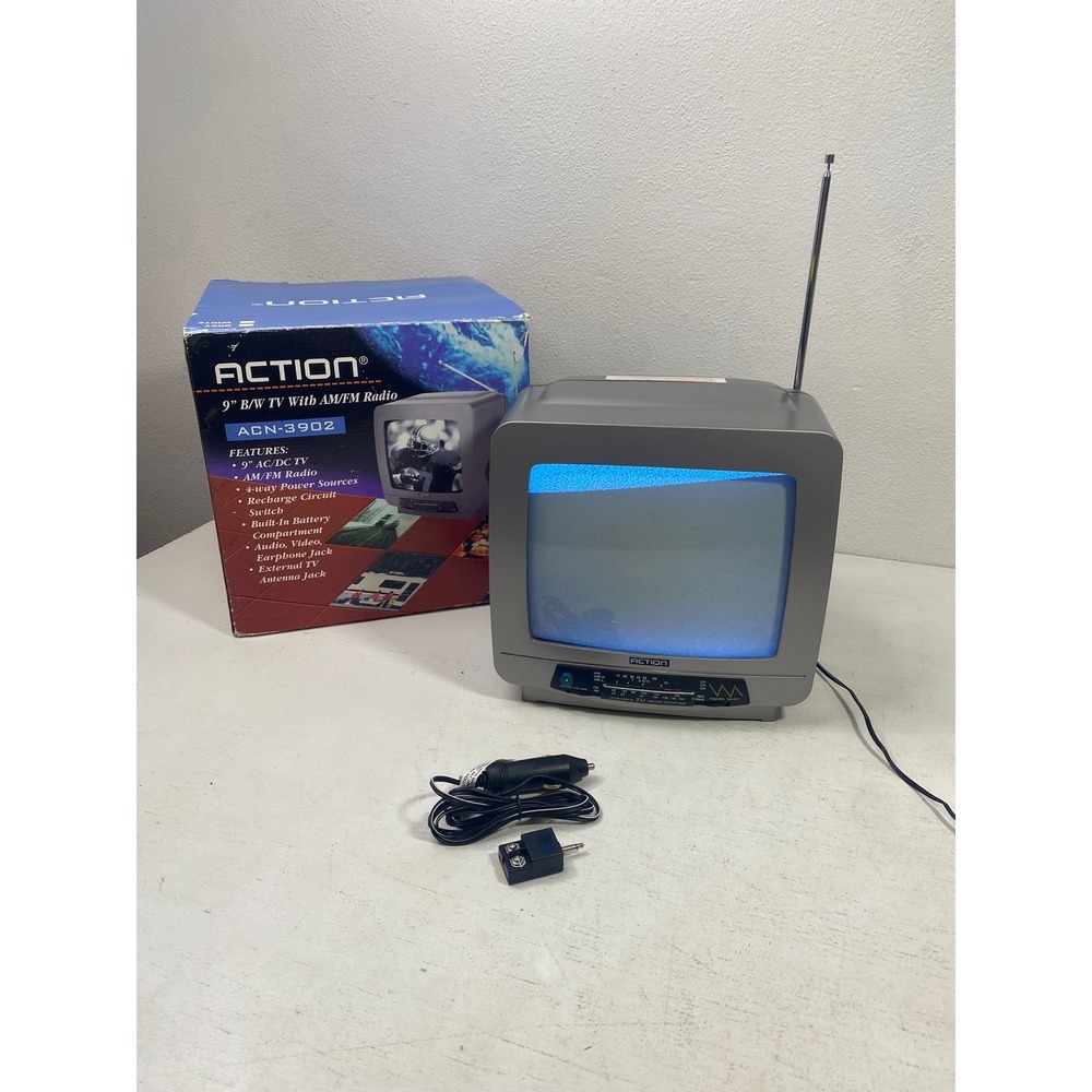 Action ACN-3902 Portable 9 Inch B/W TV with AM/FM Radio Silver Vintage CRT